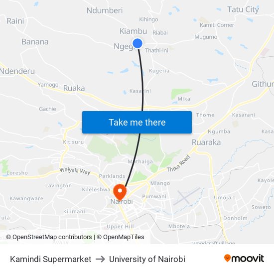 Kamindi Supermarket to University of Nairobi map