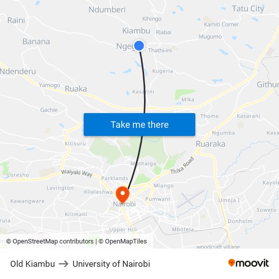 Old Kiambu to University of Nairobi map