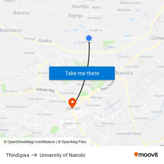 Thindigwa to University of Nairobi map