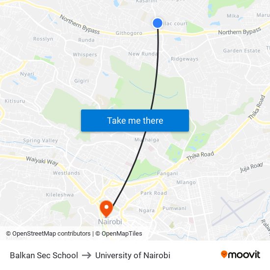 Balkan Sec School to University of Nairobi map