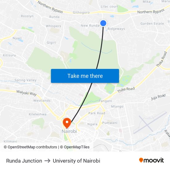 Runda Junction to University of Nairobi map