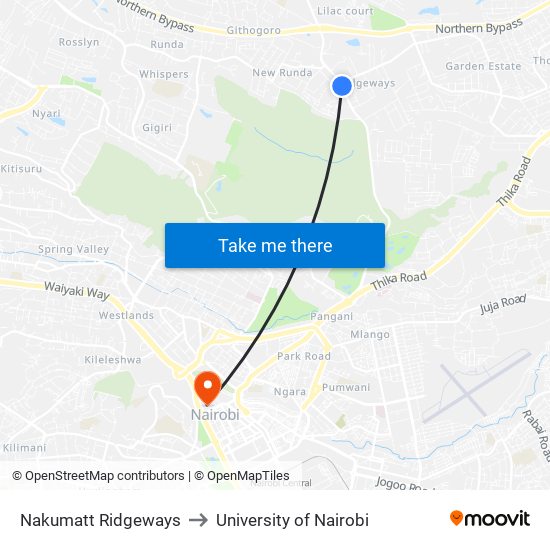 Nakumatt Ridgeways to University of Nairobi map