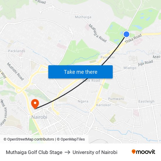 Muthaiga Golf Club Stage to University of Nairobi map