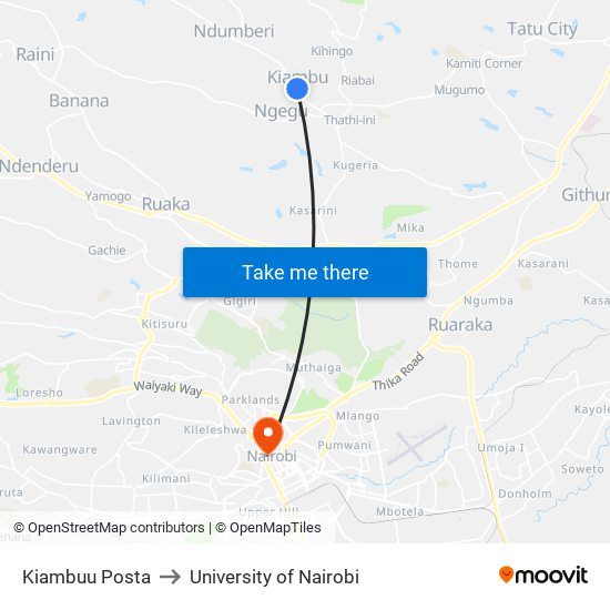 Kiambuu Posta to University of Nairobi map