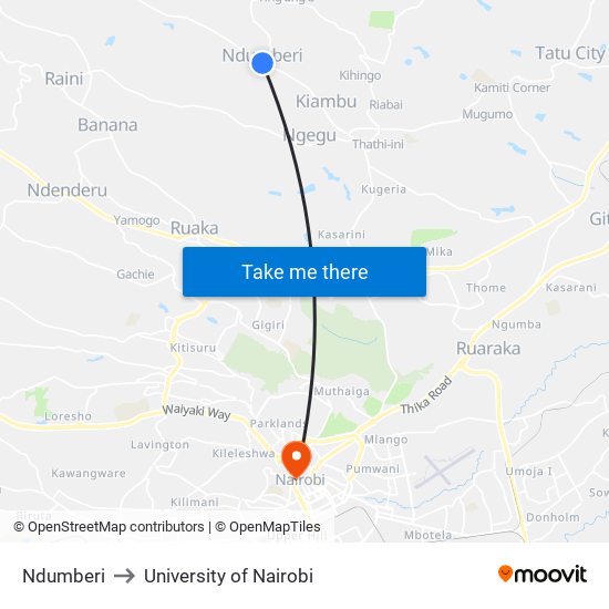 Ndumberi to University of Nairobi map