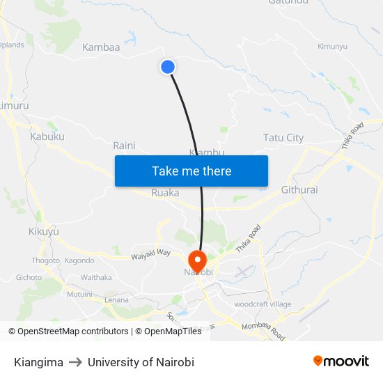 Kiangima to University of Nairobi map