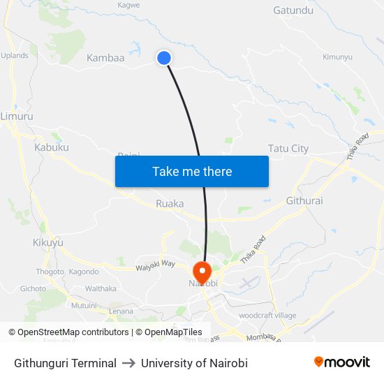 Githunguri Terminal to University of Nairobi map