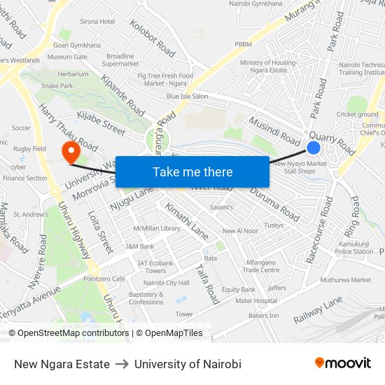 New Ngara Estate to University of Nairobi map