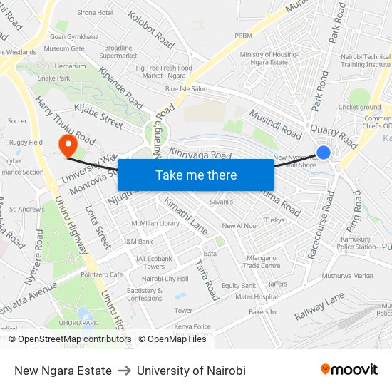 New Ngara Estate to University of Nairobi map