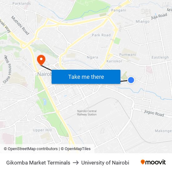Gikomba Market Terminals to University of Nairobi map