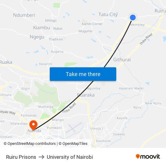 Ruiru Prisons to University of Nairobi map