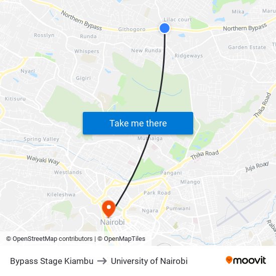 Bypass Stage Kiambu to University of Nairobi map