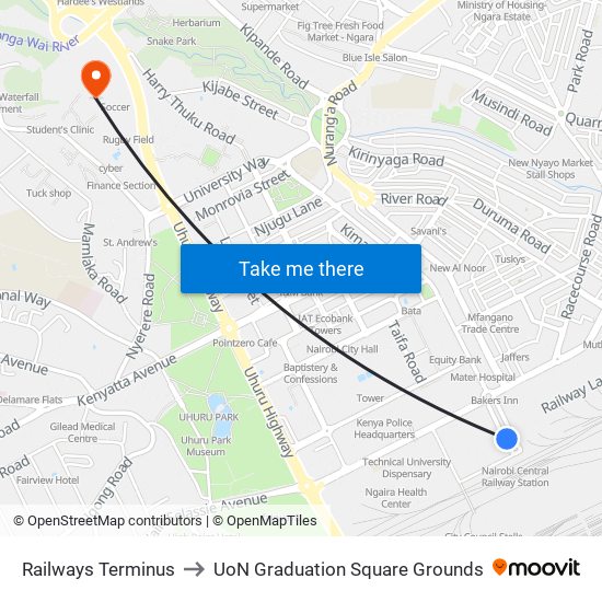 Railways Terminus to UoN Graduation Square Grounds map