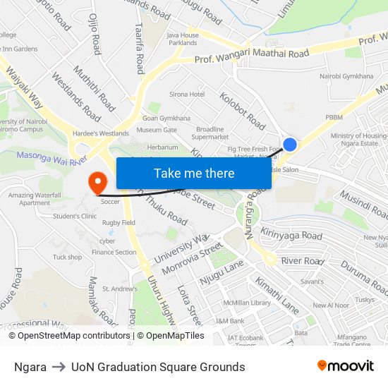 Ngara to UoN Graduation Square Grounds map
