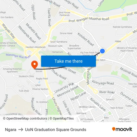 Ngara to UoN Graduation Square Grounds map