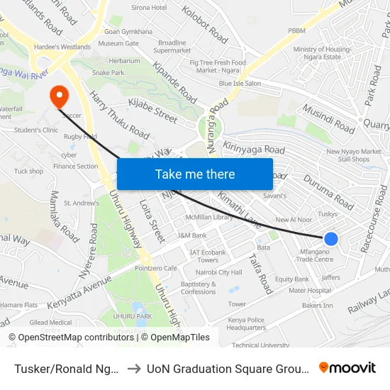 Tusker/Ronald Ngala to UoN Graduation Square Grounds map