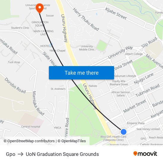 Gpo to UoN Graduation Square Grounds map