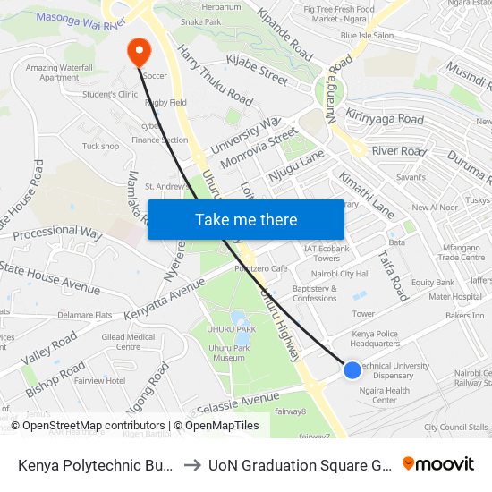 Kenya Polytechnic Bus Stop to UoN Graduation Square Grounds map