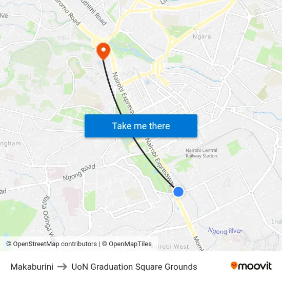 Makaburini to UoN Graduation Square Grounds map