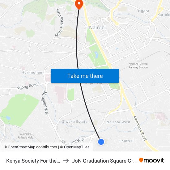 Kenya Society For the Blind to UoN Graduation Square Grounds map