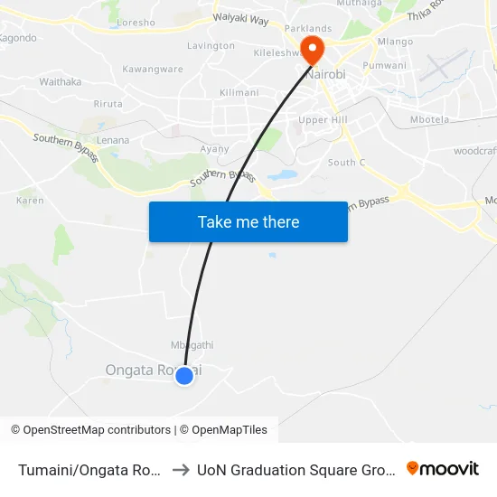 Tumaini/Ongata Rongai to UoN Graduation Square Grounds map