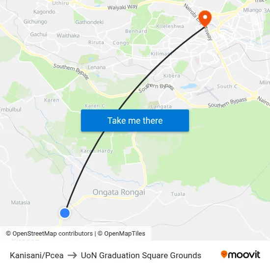 Kanisani/Pcea to UoN Graduation Square Grounds map