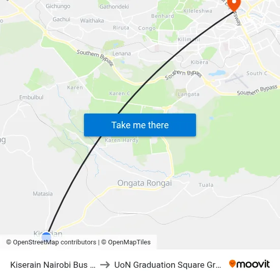 Kiserain Nairobi Bus Stop to UoN Graduation Square Grounds map