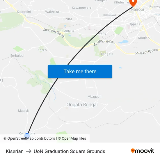 Kiserian to UoN Graduation Square Grounds map