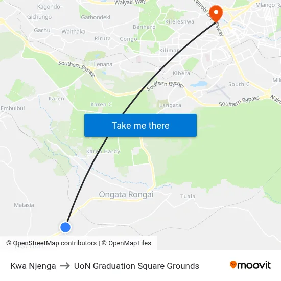 Kwa Njenga to UoN Graduation Square Grounds map