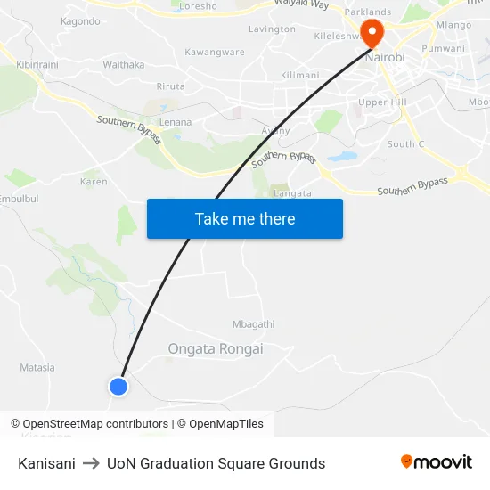 Kanisani to UoN Graduation Square Grounds map