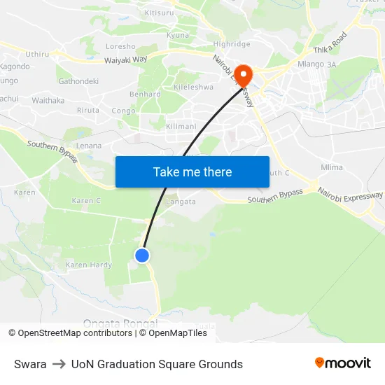 Swara to UoN Graduation Square Grounds map