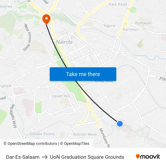 Dar-Es-Salaam to UoN Graduation Square Grounds map