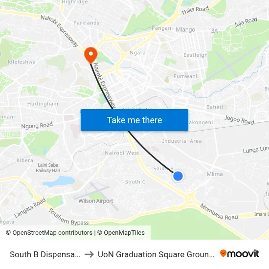 South B Dispensary to UoN Graduation Square Grounds map