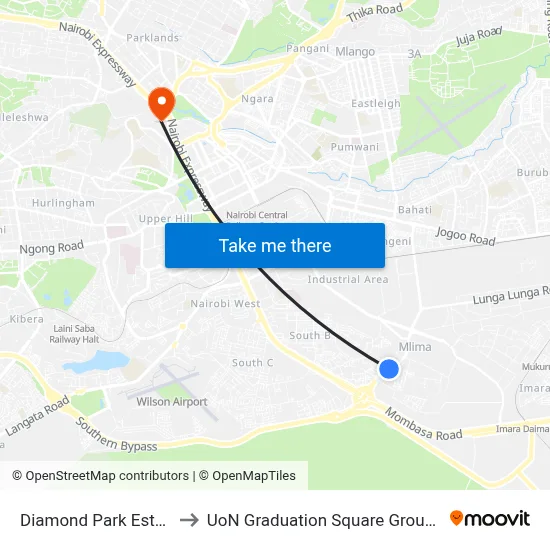 Diamond Park Estate to UoN Graduation Square Grounds map