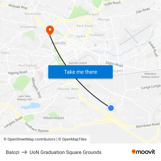 Balozi to UoN Graduation Square Grounds map