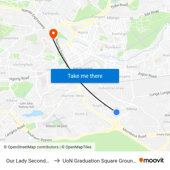 Our Lady Secondary to UoN Graduation Square Grounds map