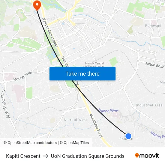 Kapiti Crescent to UoN Graduation Square Grounds map