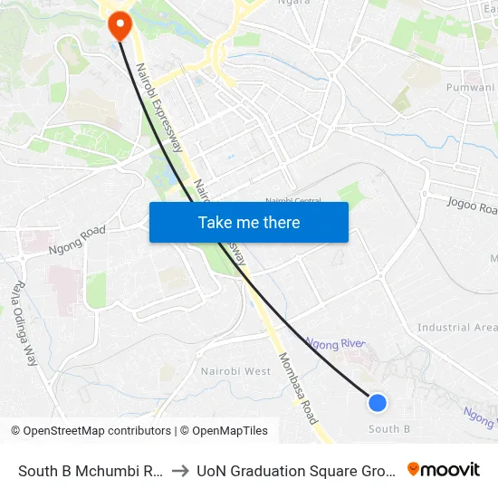South B Mchumbi Road to UoN Graduation Square Grounds map