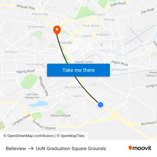 Belleview to UoN Graduation Square Grounds map