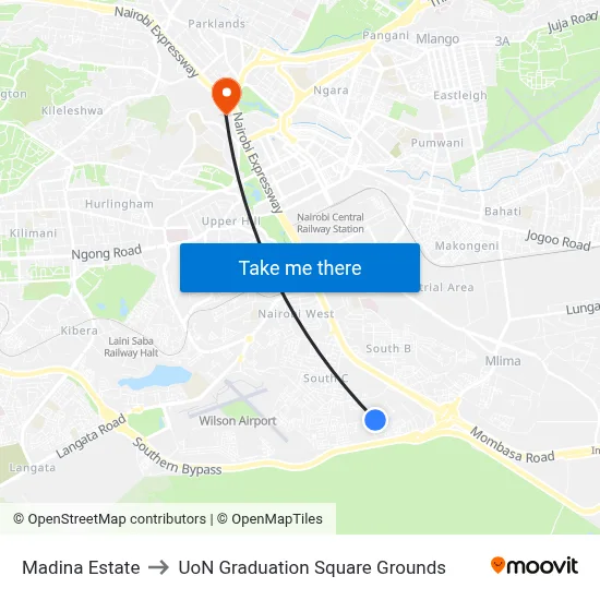 Madina Estate to UoN Graduation Square Grounds map