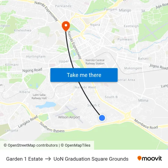 Garden 1 Estate to UoN Graduation Square Grounds map