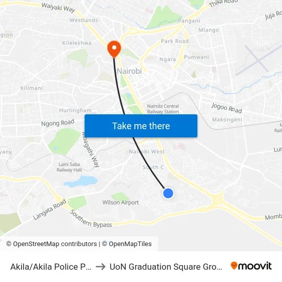 Akila/Akila Police Post to UoN Graduation Square Grounds map
