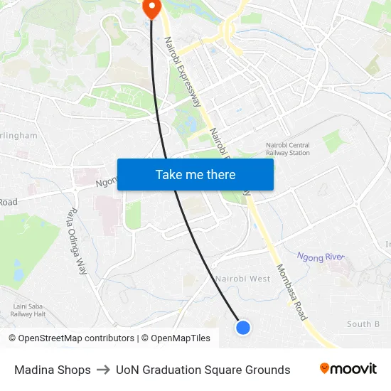 Madina Shops to UoN Graduation Square Grounds map