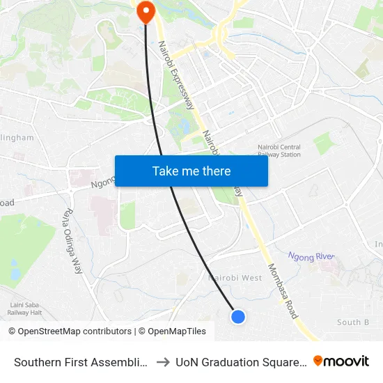 Southern First Assemblies Of God to UoN Graduation Square Grounds map