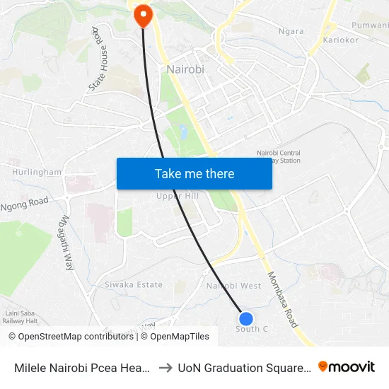 Milele Nairobi Pcea Headquarters to UoN Graduation Square Grounds map