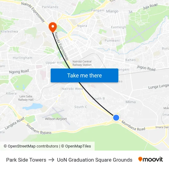 Park Side Towers to UoN Graduation Square Grounds map