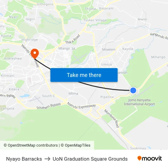 Nyayo Barracks to UoN Graduation Square Grounds map