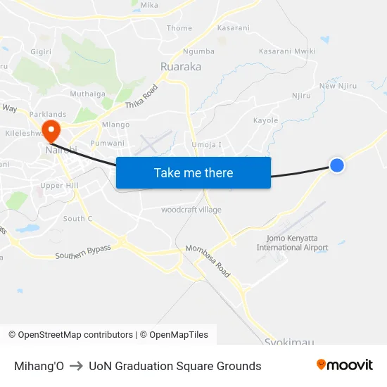Mihang'O to UoN Graduation Square Grounds map