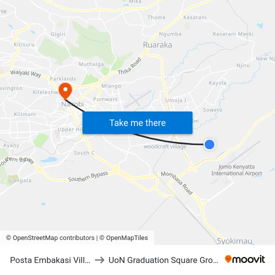 Posta Embakasi Village to UoN Graduation Square Grounds map