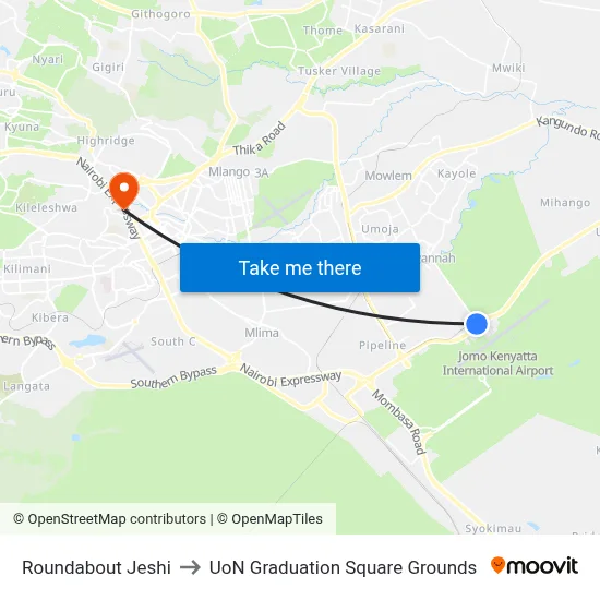Roundabout Jeshi to UoN Graduation Square Grounds map